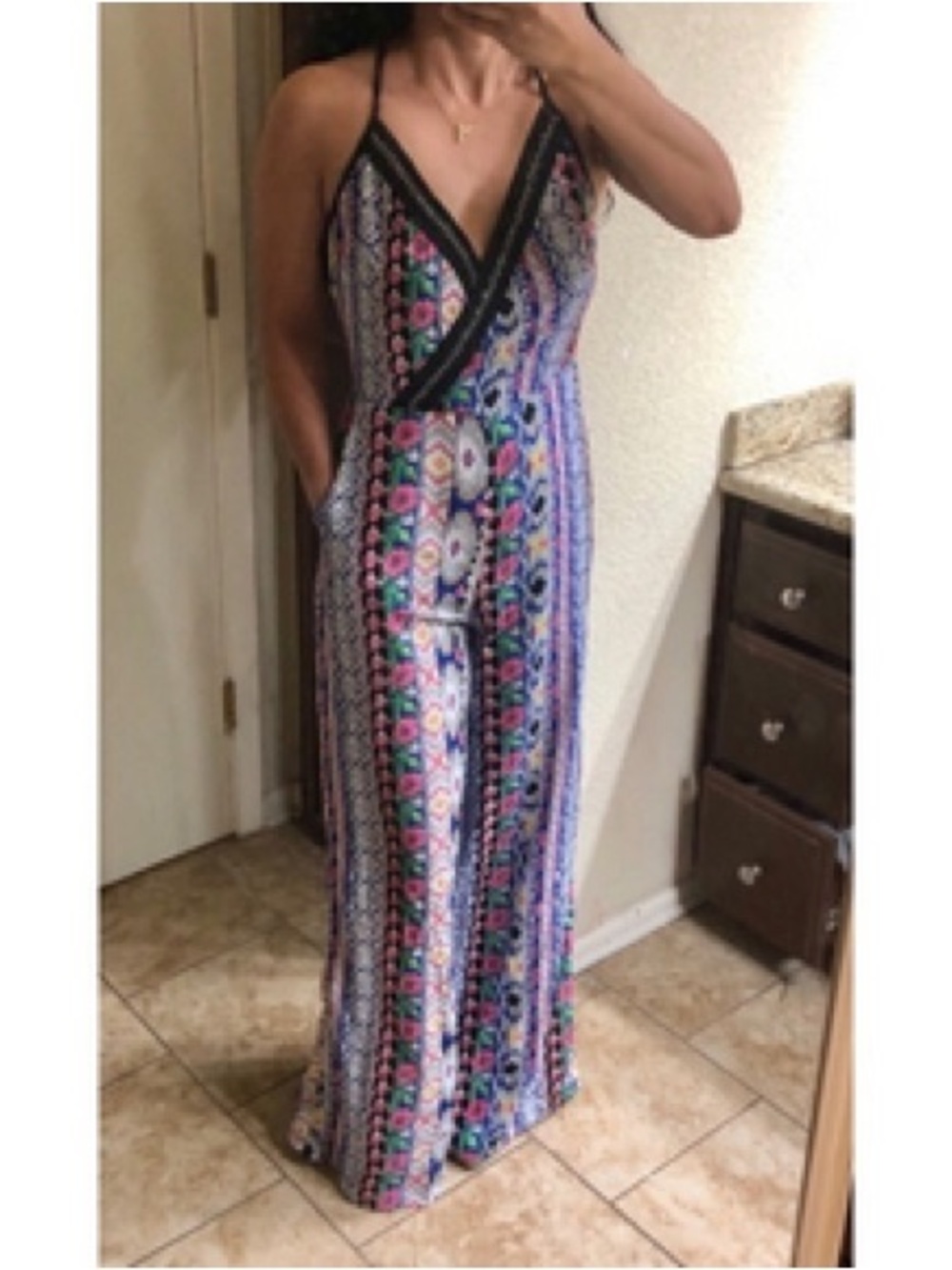 Valentine Small Black Pink Beaded Deep V-Neck Open Back Ultra Wide Leg Jumpsuit